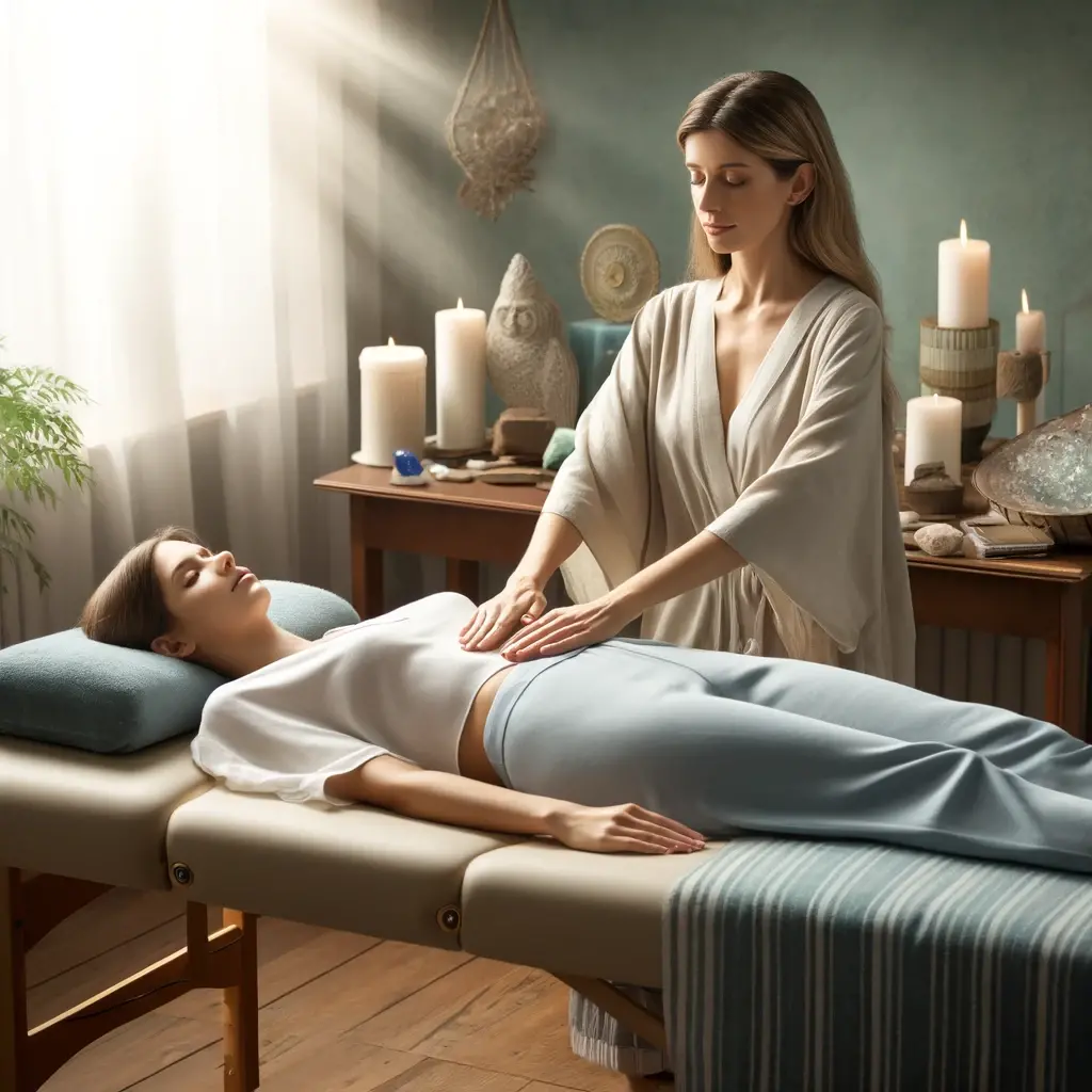 Dall e 2024 06 07 11 48 25 a serene reiki session with a practitioner and a client the practitioner dressed in comfortable flowing clothes is gently placing hands over the c
