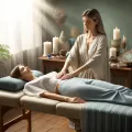 Dall e 2024 06 07 11 48 25 a serene reiki session with a practitioner and a client the practitioner dressed in comfortable flowing clothes is gently placing hands over the c